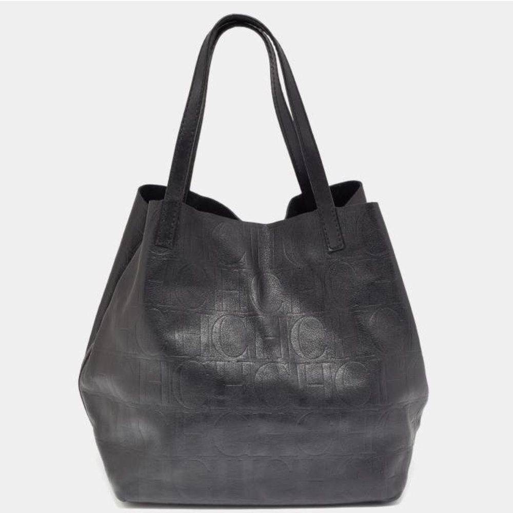 Carolina Herrera Black Monogram Leather Matryoshka Tote Bag.